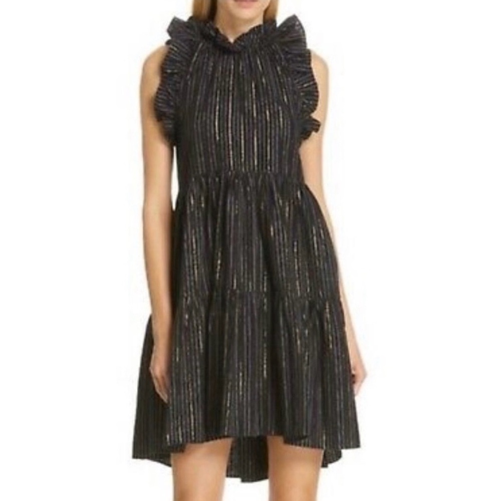 Ulla Johnson Tasmin Midnight Black Metallic Stripe Ruffle Dress Women’s 6 Luxury